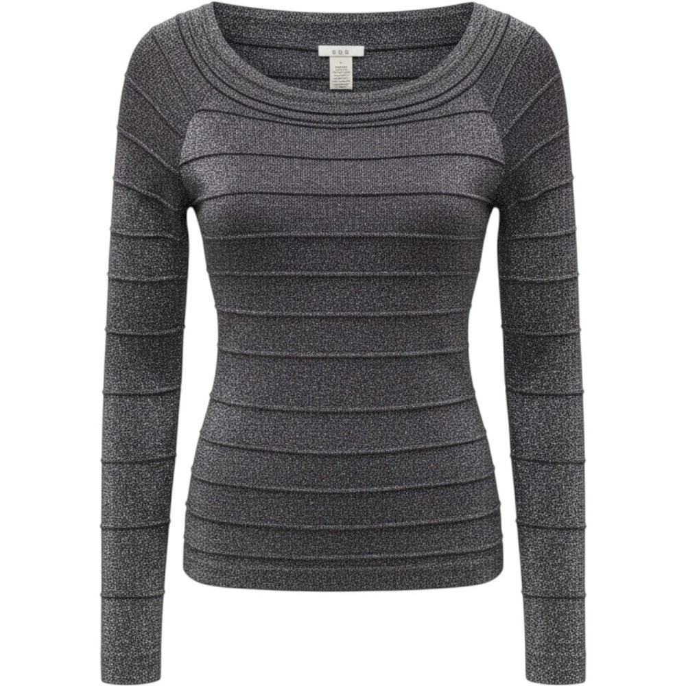 Cache Metallic Bandage Ribbed Long Sleeve Top Large Silver Black